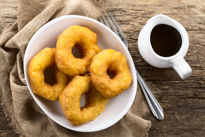 High angle view of breakfast served on table