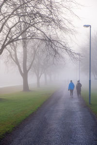 Rear view of man walking on footpath by road