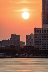 Buildings in city at sunset