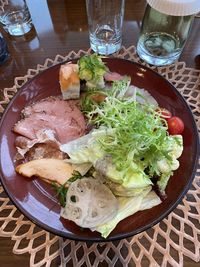 High angle view of food served on table