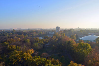 Trees and cityscape against sky