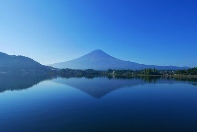 Scenic view of lake and mountains against clear blue sky