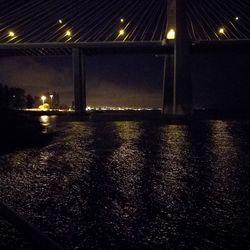 Reflection of illuminated lights in puddle