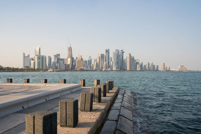 Panoramic view of sea and buildings against clear sky