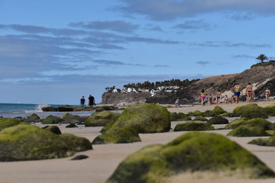 People on rocks by sea against sky