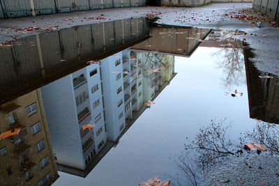 Reflection of buildings in puddle