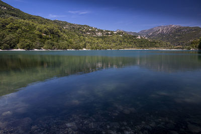 Scenic view of lake by mountains against sky