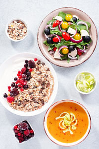 High angle view of breakfast served on table
