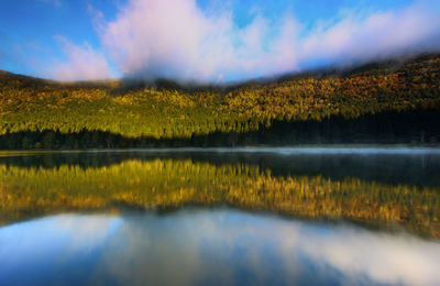 Scenic view of mountain reflecting on calm lake against sky