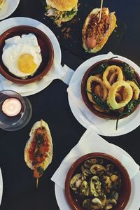 High angle view of meal served on table