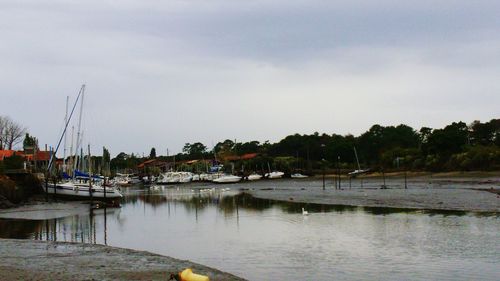 Boats moored in river