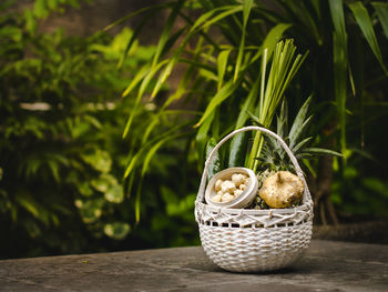 Close-up of fruits in basket on table