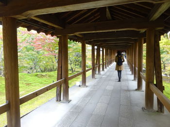 Rear view of man walking on colonnade