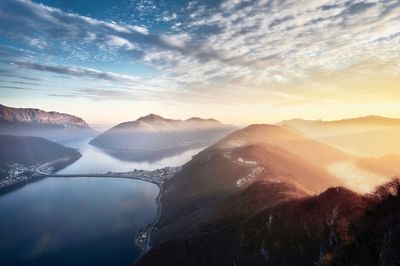 Scenic view of mountains against sky during sunset