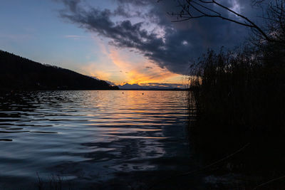 Scenic view of lake against sky during sunset