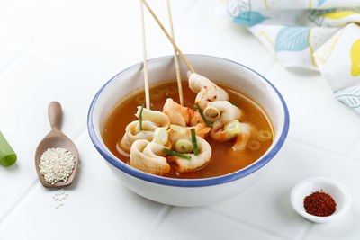 Close-up of soup in bowl on table