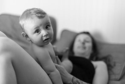 Portrait of shirtless boy at home