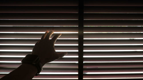 Close-up of hand touching window blinds