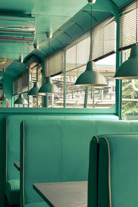 Empty chairs and tables in restaurant