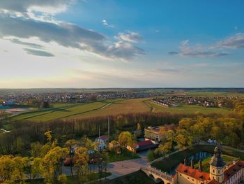 High angle view of townscape against sky