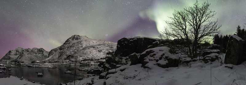 Scenic view of snow covered mountains against sky at night