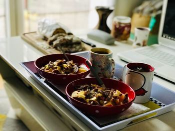 High angle view of breakfast served on table