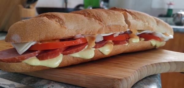 Close-up of sandwich on cutting board