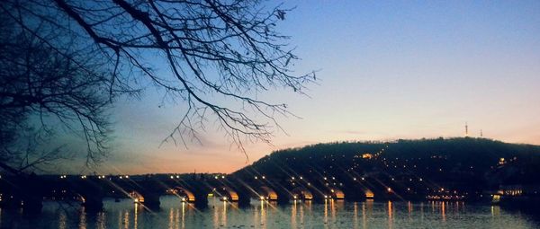 Bare trees by lake at sunset