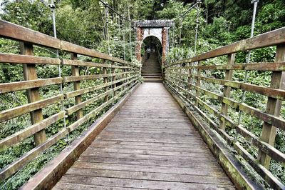 Rear view of woman on footbridge in forest