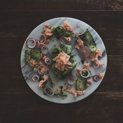 High angle view of meal served on table