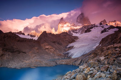 Panoramic view of snowcapped mountains against sky during sunset