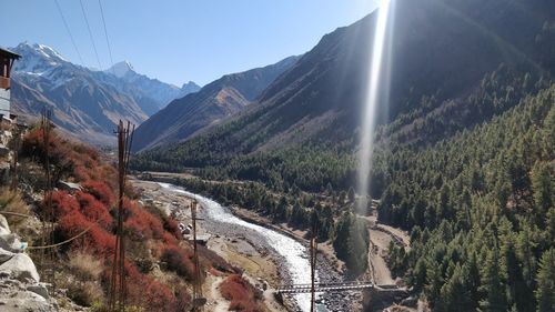 Scenic view of river amidst mountains against sky