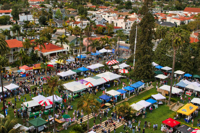 High angle view of trees and buildings in city