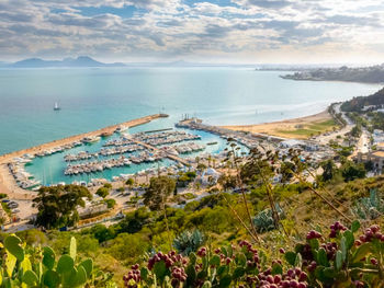 High angle view of bay against sky