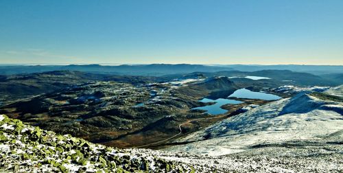 Scenic view of mountains against clear blue sky