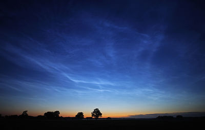 Silhouette trees on field against sky at sunset