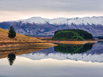 Scenic view of lake and mountains against sky