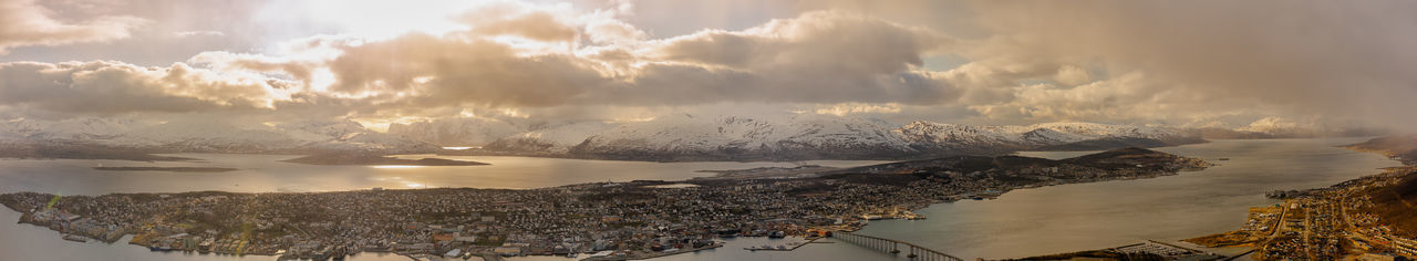 Panoramic view of city by sea against sky