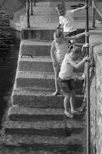 High angle view of people on staircase