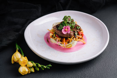 High angle view of food in plate on table