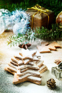 High angle view of cookies on table