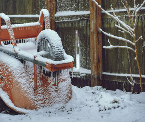 Close-up of wheelbarrow on covered land