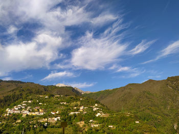 Scenic view of townscape and mountains against sky