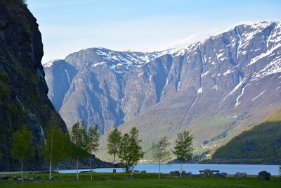 Scenic view of lake and mountains against sky