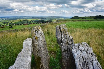 Panoramic shot of rocks on field against sky