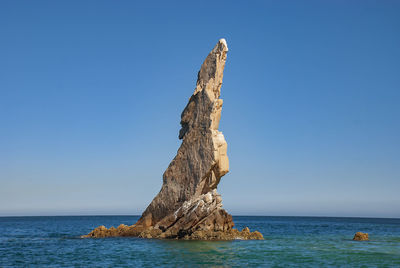 Rock formation in sea against clear blue sky