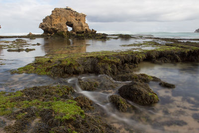 Scenic view of rocks in sea against sky