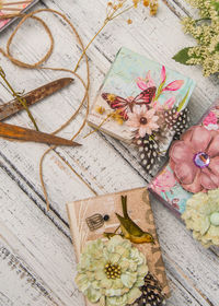 High angle view of gift boxes on table