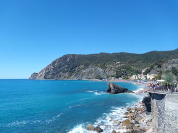 Scenic view of sea against clear blue sky