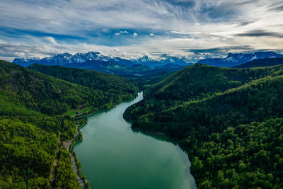 Scenic view of river amidst mountains against sky